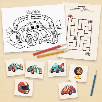 Jeux d’anniversaire voitures à imprimer : coloriage et labyrinthe au prénom de l’enfant, memory à découper