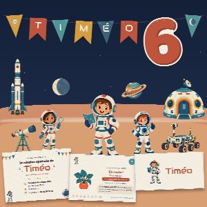 Kit d’anniversaire astronaute à imprimer (La Mission Spatiale) : l’affiche, une carte de la chasse au trésor et un marque-place au prénom de l’enfant, posés sur une table