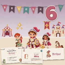 Kit d’anniversaire chevaliers à imprimer, Le Royaume des Chevaliers : affiche, chasse au trésor, marque-places, diplôme et guirlande au prénom de l’enfant