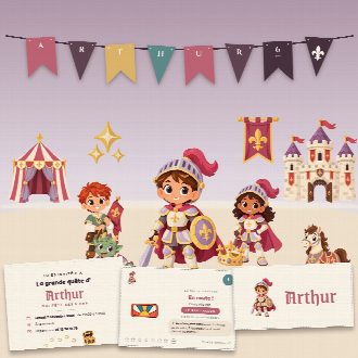 Kit d’anniversaire chevaliers à imprimer (Le Royaume des Chevaliers) : l’affiche, une carte de la chasse au trésor et un marque-place au prénom de l’enfant, posés sur une table