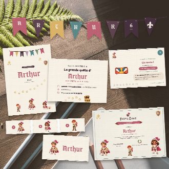 Kit d’anniversaire chevaliers complet à imprimer : invitations, affiche, chasse au trésor, marque-places, diplôme et guirlande au prénom de l’enfant