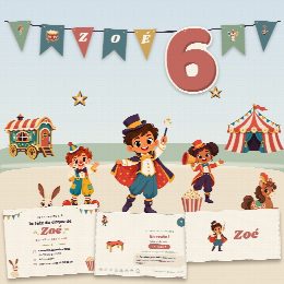 Kit d’anniversaire cirque à imprimer, Le Grand Chapiteau : affiche, chasse au trésor, marque-places, diplôme et guirlande au prénom de l’enfant