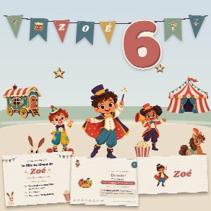 Kit d’anniversaire cirque à imprimer (Le Grand Chapiteau) : l’affiche, une carte de la chasse au trésor et un marque-place au prénom de l’enfant, posés sur une table