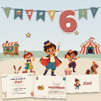 Kit d’anniversaire cirque à imprimer (Le Grand Chapiteau) : l’affiche, une carte de la chasse au trésor et un marque-place au prénom de l’enfant, posés sur une table