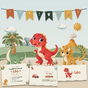 Kit d’anniversaire dinosaures à imprimer (Expédition Dino) : l’affiche, une carte de la chasse au trésor et un marque-place au prénom de l’enfant, posés sur une table