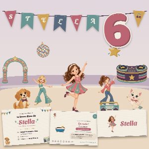 Kit d’anniversaire disco à imprimer (La Boum Disco) : l’affiche, une carte de la chasse au trésor et un marque-place au prénom de l’enfant, posés sur une table