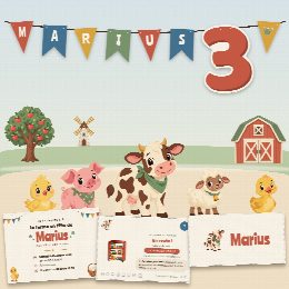 Kit d’anniversaire ferme à imprimer, La Ferme en Fête : affiche, chasse au trésor, marque-places, diplôme et guirlande au prénom de l’enfant