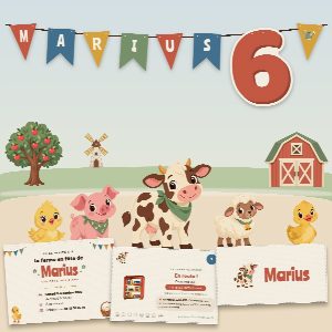 Kit d’anniversaire ferme à imprimer (La Ferme en Fête) : l’affiche, une carte de la chasse au trésor et un marque-place au prénom de l’enfant, posés sur une table