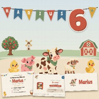 Kit d’anniversaire ferme à imprimer (La Ferme en Fête) : l’affiche, une carte de la chasse au trésor et un marque-place au prénom de l’enfant, posés sur une table