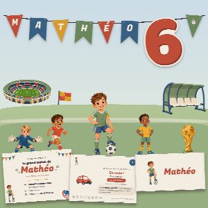 Kit d’anniversaire football à imprimer (Le Grand Match) : l’affiche, une carte de la chasse au trésor et un marque-place au prénom de l’enfant, posés sur une table