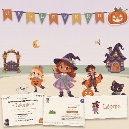 Kit d’Halloween à imprimer, La Maison Hantée : affiche, chasse au trésor, marque-places, diplôme et guirlande au prénom de l’enfant
