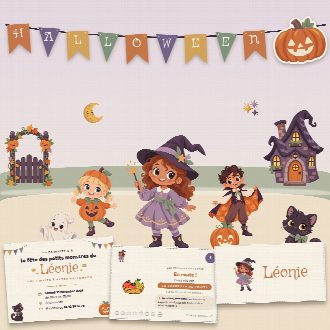 Kit d’Halloween à imprimer (La Maison Hantée) : l’affiche, une carte de la chasse au trésor et un marque-place au prénom de l’enfant, posés sur une table