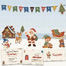 Kit de Noël à imprimer (L’Atelier du Père Noël) : l’affiche, une carte de la chasse au trésor et un marque-place au prénom de l’enfant, posés sur une table