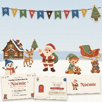 Kit de Noël à imprimer (L’Atelier du Père Noël) : l’affiche, une carte de la chasse au trésor et un marque-place au prénom de l’enfant, posés sur une table