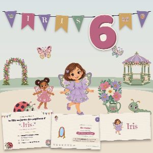 Kit d’anniversaire papillon à imprimer (Le Jardin des Papillons) : l’affiche, une carte de la chasse au trésor et un marque-place au prénom de l’enfant, posés sur une table