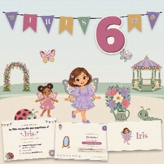 Kit d’anniversaire papillon à imprimer (Le Jardin des Papillons) : l’affiche, une carte de la chasse au trésor et un marque-place au prénom de l’enfant, posés sur une table