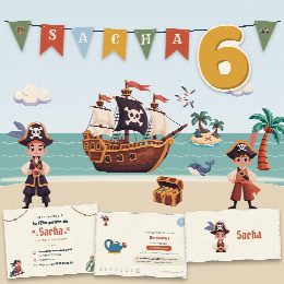 Kit d’anniversaire pirates à imprimer, L'Île aux Pirates : affiche, chasse au trésor, marque-places, diplôme et guirlande au prénom de l’enfant
