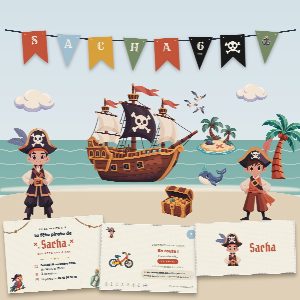 Kit d’anniversaire pirates à imprimer (L'Île aux Pirates) : l’affiche, une carte de la chasse au trésor et un marque-place au prénom de l’enfant, posés sur une table
