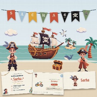 Kit d’anniversaire pirates à imprimer (L'Île aux Pirates) : l’affiche, une carte de la chasse au trésor et un marque-place au prénom de l’enfant, posés sur une table