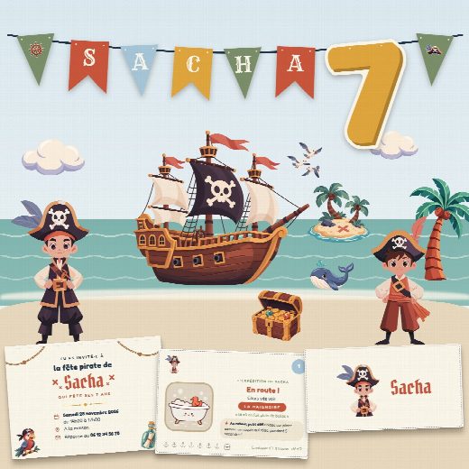 Kit d'anniversaire pirate personnalisé au prénom de Sacha
