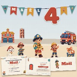 Kit d’anniversaire pompier à imprimer, La Caserne des Pompiers : affiche, chasse au trésor, marque-places, diplôme et guirlande au prénom de l’enfant