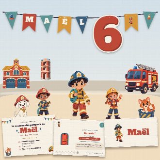 Kit d’anniversaire pompier à imprimer (La Caserne des Pompiers) : l’affiche, une carte de la chasse au trésor et un marque-place au prénom de l’enfant, posés sur une table