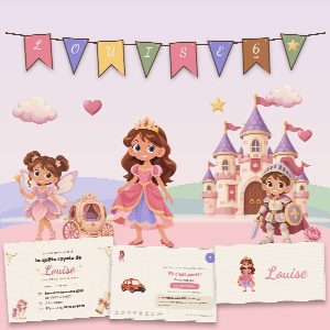 Kit d’anniversaire princesses à imprimer (Bal de Princesse) : l’affiche, une carte de la chasse au trésor et un marque-place au prénom de l’enfant, posés sur une table