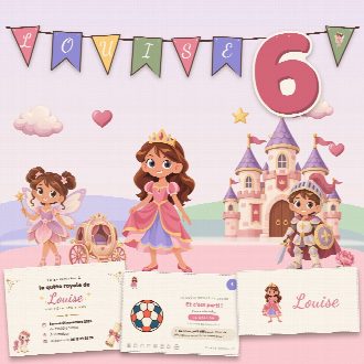 Kit d’anniversaire princesses à imprimer (Bal de Princesse) : l’affiche, une carte de la chasse au trésor et un marque-place au prénom de l’enfant, posés sur une table