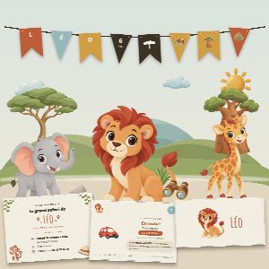 Kit d’anniversaire safari à imprimer (Le Grand Safari) : l’affiche, une carte de la chasse au trésor et un marque-place au prénom de l’enfant, posés sur une table