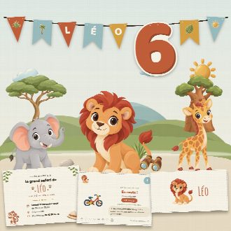 Kit d’anniversaire safari à imprimer (Le Grand Safari) : l’affiche, une carte de la chasse au trésor et un marque-place au prénom de l’enfant, posés sur une table