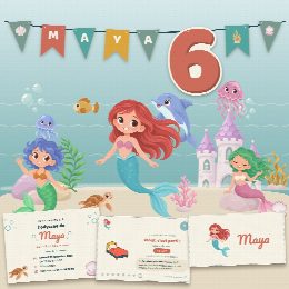 Kit d’anniversaire sirènes à imprimer, Le Lagon des Sirènes : affiche, chasse au trésor, marque-places, diplôme et guirlande au prénom de l’enfant