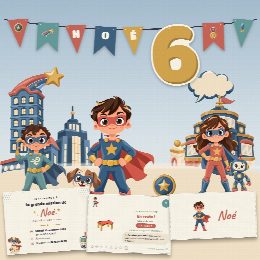 Kit d’anniversaire super-héros à imprimer, L'École des Super-Héros : affiche, chasse au trésor, marque-places, diplôme et guirlande au prénom de l’enfant