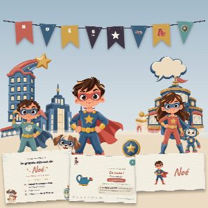 Kit d’anniversaire super-héros à imprimer (L'École des Super-Héros) : l’affiche, une carte de la chasse au trésor et un marque-place au prénom de l’enfant, posés sur une table