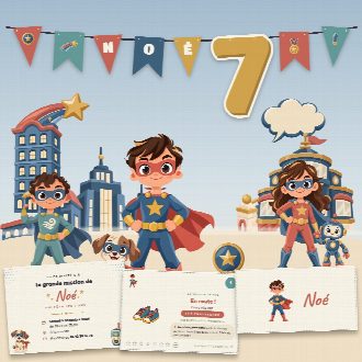 Kit d’anniversaire super-héros à imprimer (L'École des Super-Héros) : l’affiche, une carte de la chasse au trésor et un marque-place au prénom de l’enfant, posés sur une table