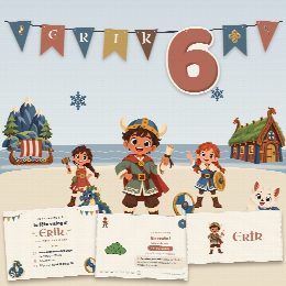Kit d’anniversaire vikings à imprimer, Le Village des Vikings : affiche, chasse au trésor, marque-places, diplôme et guirlande au prénom de l’enfant