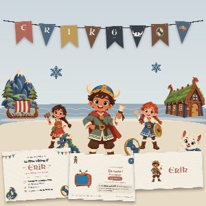 Kit d’anniversaire vikings à imprimer (Le Village des Vikings) : l’affiche, une carte de la chasse au trésor et un marque-place au prénom de l’enfant, posés sur une table