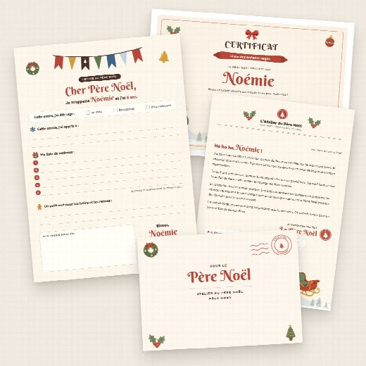 Lettre au Père Noël à imprimer et sa réponse : la lettre, l’enveloppe à plier, la réponse du Père Noël et le certificat d’enfant sage