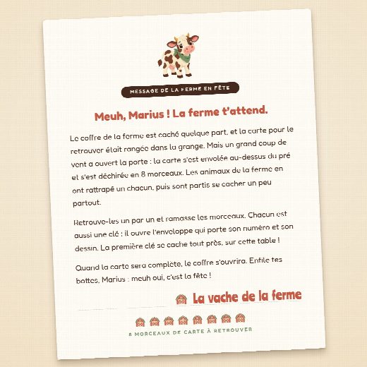 Lettre d’ouverture de la chasse au trésor ferme, au prénom de l’enfant, découpée et prête à lire à voix haute