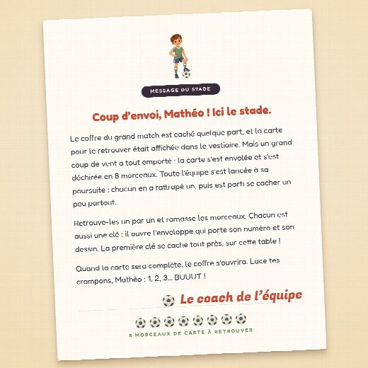 Lettre d’ouverture de la chasse au trésor football, au prénom de l’enfant, découpée et prête à lire à voix haute