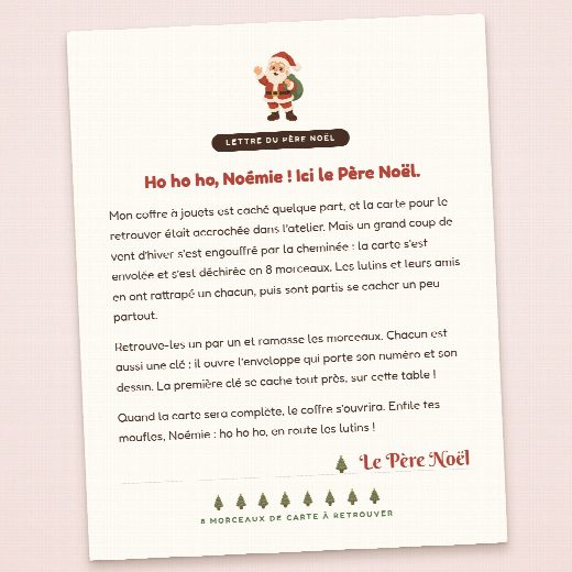 Lettre d’ouverture de la chasse au trésor Noël, au prénom de l’enfant, découpée et prête à lire à voix haute