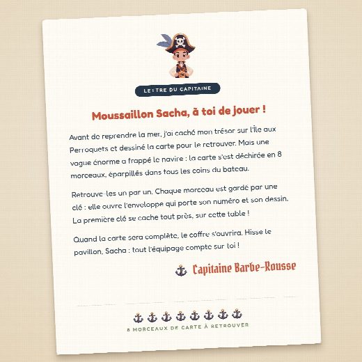 Lettre d’ouverture de la chasse au trésor pirates, au prénom de l’enfant, découpée et prête à lire à voix haute