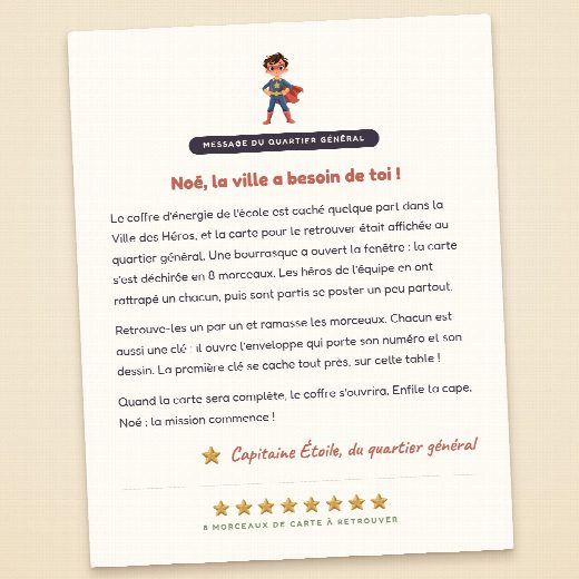 Lettre d’ouverture de la chasse au trésor super-héros, au prénom de l’enfant, découpée et prête à lire à voix haute