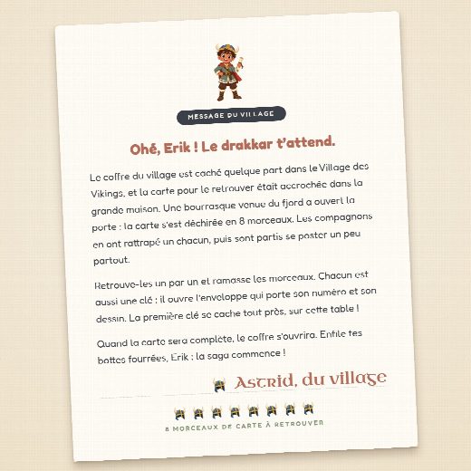 Lettre d’ouverture de la chasse au trésor vikings, au prénom de l’enfant, découpée et prête à lire à voix haute