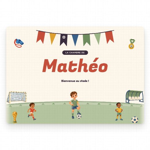 Plaque de porte football à imprimer, « La chambre de » et le prénom de l’enfant en grand