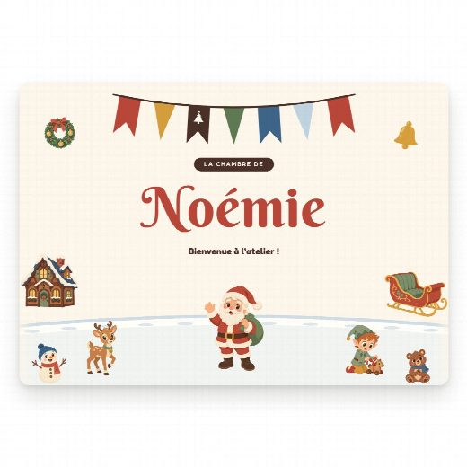 Plaque de porte Noël à imprimer, « La chambre de » et le prénom de l’enfant en grand