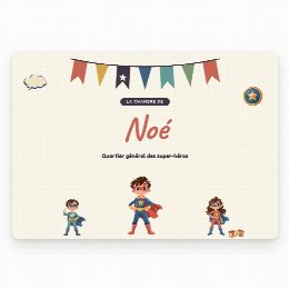 Plaque de porte super-héros à imprimer, « La chambre de » et le prénom de l’enfant en grand