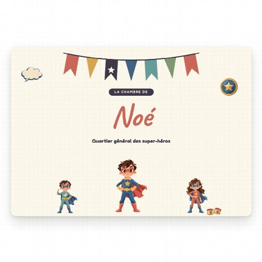 Plaque de porte super-héros à imprimer, « La chambre de » et le prénom de l’enfant en grand