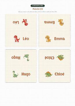 Porte-prénoms dinosaures à imprimer, une carte à plier au prénom de chaque invité(e)