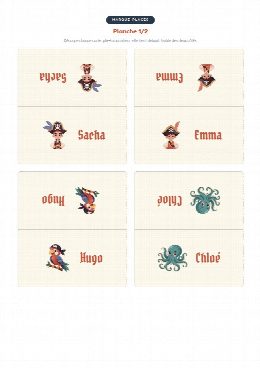 Porte-prénoms pirates à imprimer, une carte à plier au prénom de chaque invité(e)