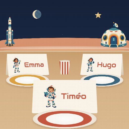 Porte-prénoms astronaute à imprimer, pliés et posés sur la table de fête devant les assiettes, au prénom de chaque invité(e)